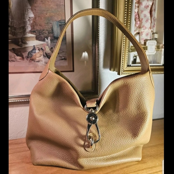 DOUNEY & BOURKE Caramel Pebble Leather Medium Logo Lock Sack Hobo Handbag NWOT - Picture 1 of 8